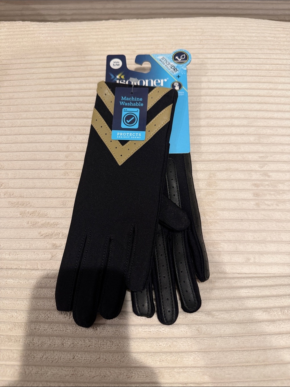 isotoner Black Gloves with Gold Chevron Accent
